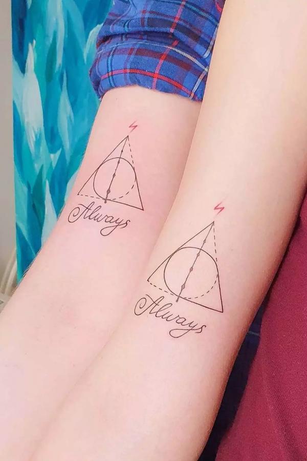 deathly hallows matching tattoo with the word always