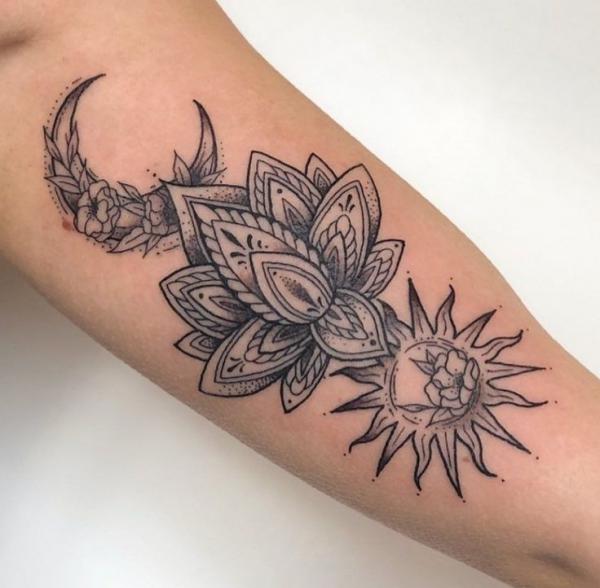 flower sun and moon with mandala lotus tattoo