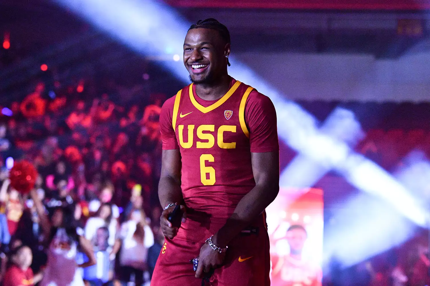 USC Trojans guard Bronny James (6) is introduced during Trojan HoopLA, a college basketball kickoff event featuring the USC Trojans, on October 19, 2023 at Galen Center in Los Angeles, CA.