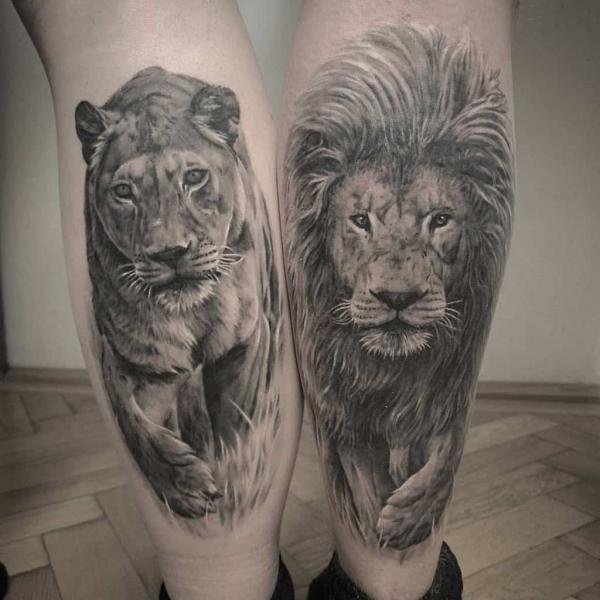 lion king and lioness calf tattoo realistic