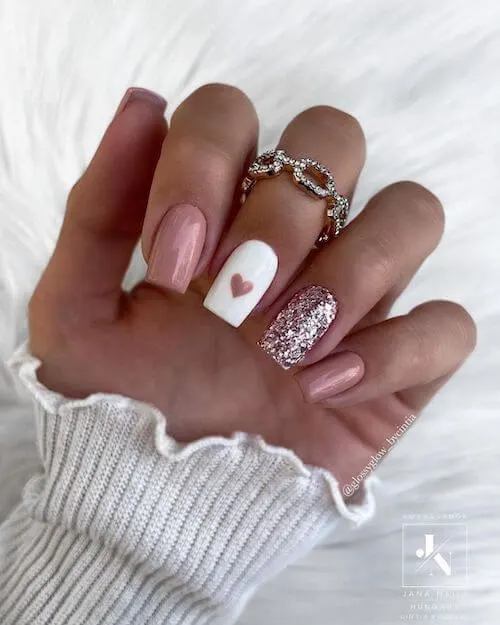 White Base And Pink Heart Nails
