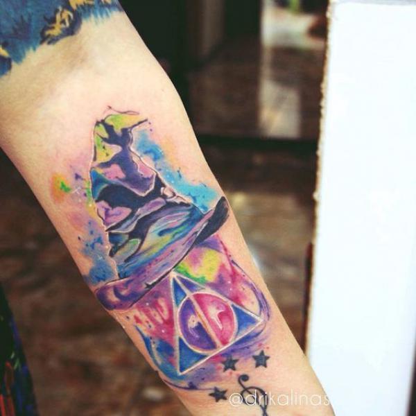 watercolor deathly hallows and Sorting Hat tattoo