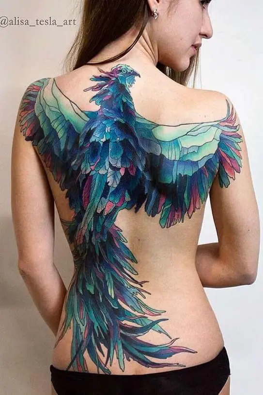 Bright Blue & Well Detailed Back Bird Tattoo