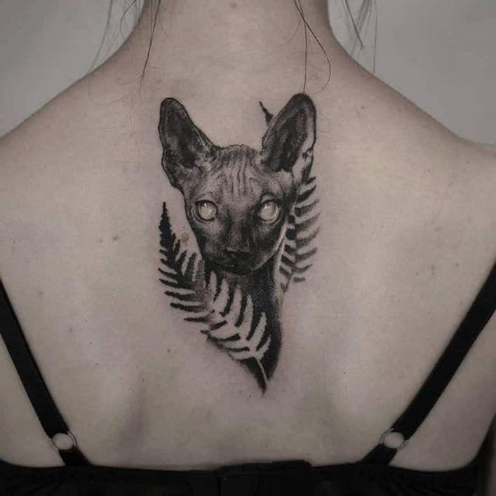 Small & Cute Cat Back Tattoo