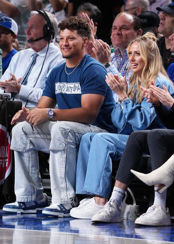 <p>Glenn James/NBAE via Getty</p> Patrick Mahomes and Brittany Mahomes attends the game between the Denver Nuggets and Dallas Mavericks on March 17, 2024