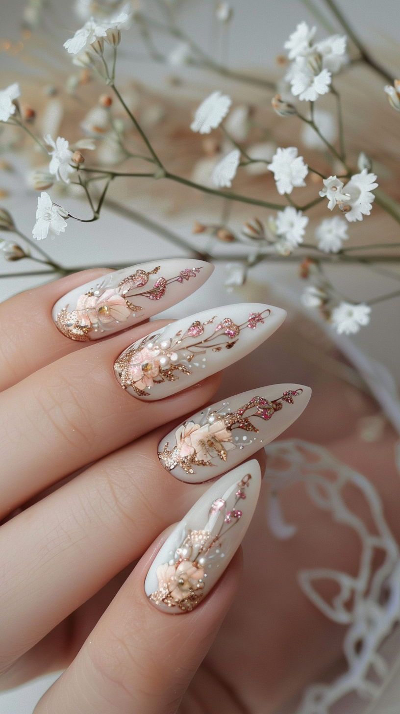 Almond-shaped nails with white and soft pink floral art, gold foil, and pink crystal accents, offering a sophisticated bridal elegance.