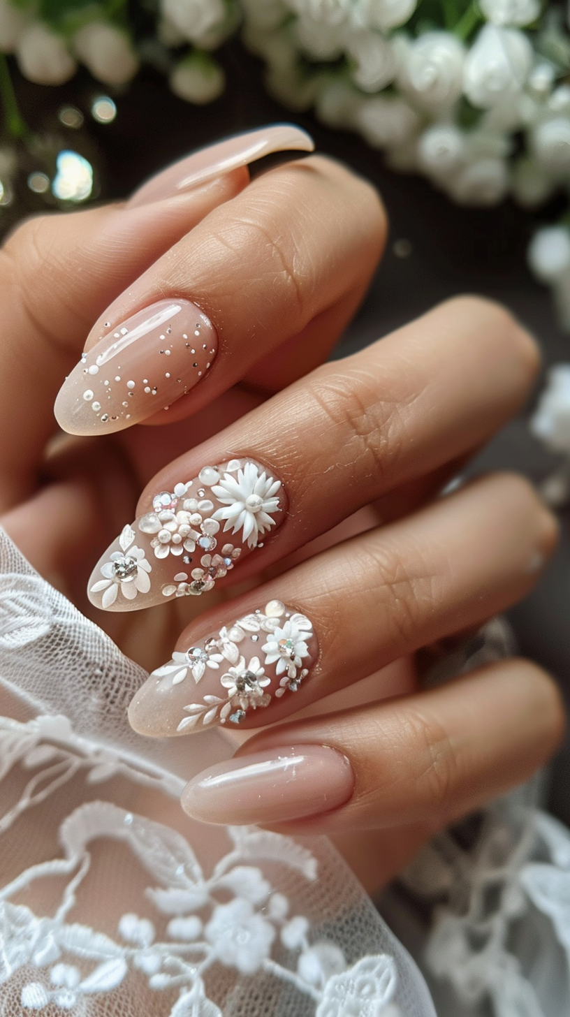 Elegant almond-shaped nails with a nude base, accented with white 3D flowers and tiny crystals, perfect for a bridal look.