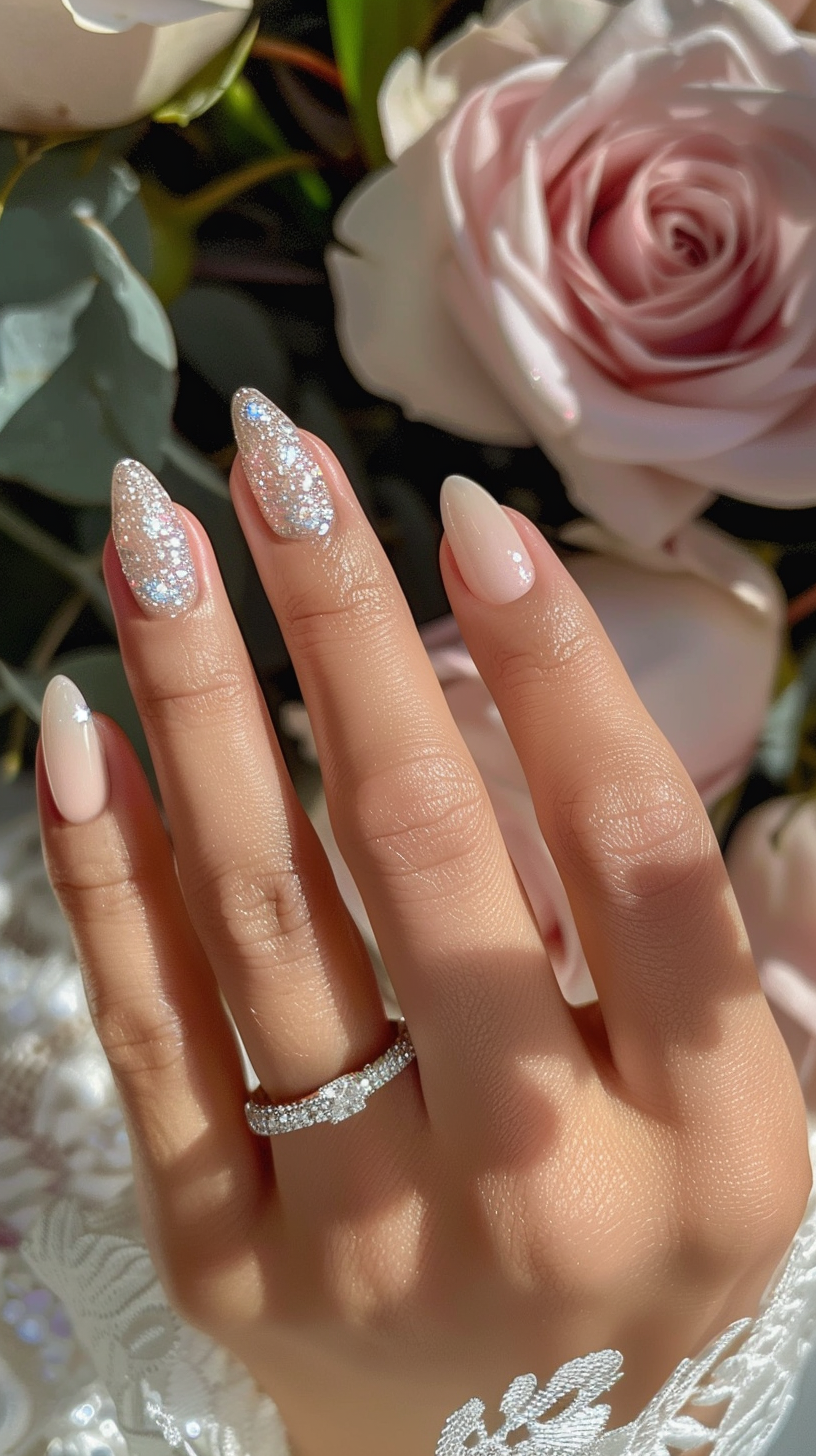 Almond nails with a pale pink base; two accent nails covered in fine silver glitter, paired with a delicate pavé ring for a classic bridal look.