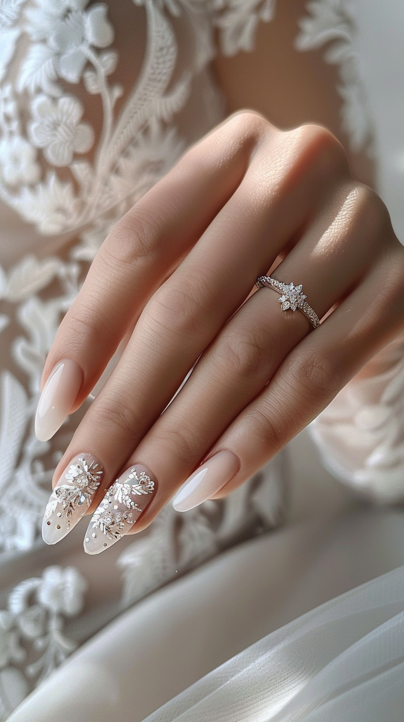 Almond-shaped nails with a soft pink base, adorned with white lace-like patterns and crystal details, complemented by an elegant engagement ring.