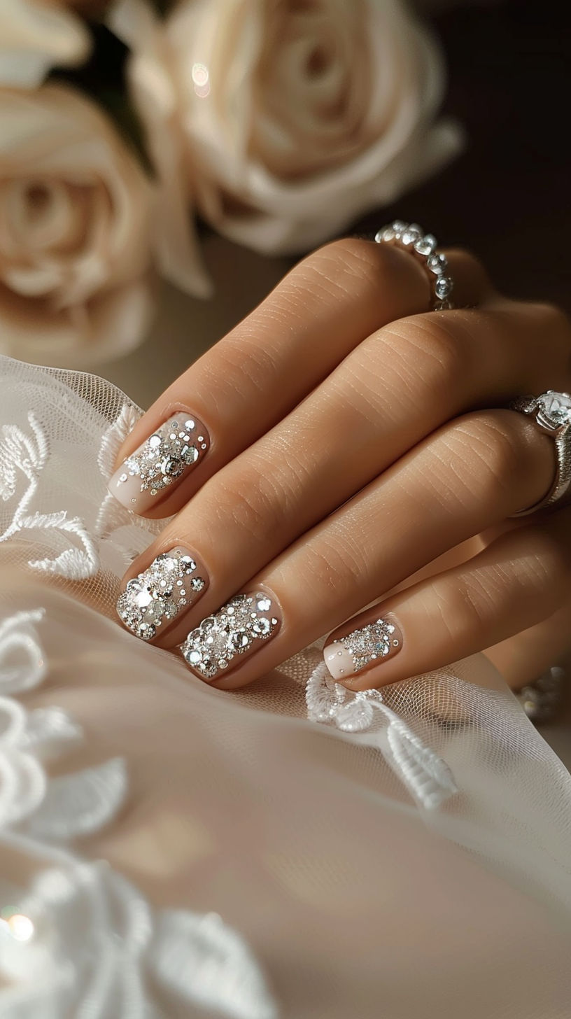 Square-shaped nails with a nude base, featuring clusters of silver crystals and smaller glitter particles, evoking an opulent bridal vibe.