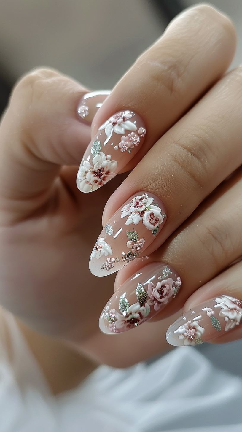 Oval nails with a clear base and intricate hand-painted pink floral designs, accented with subtle glitter and small crystals for a delicate finish.