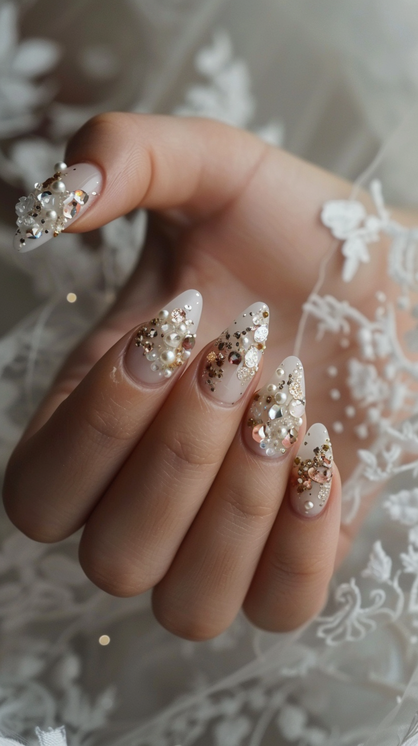 Almond nails with a translucent base, adorned with gold and silver glitter, along with white and bronze crystals, for a rich, textured bridal look.