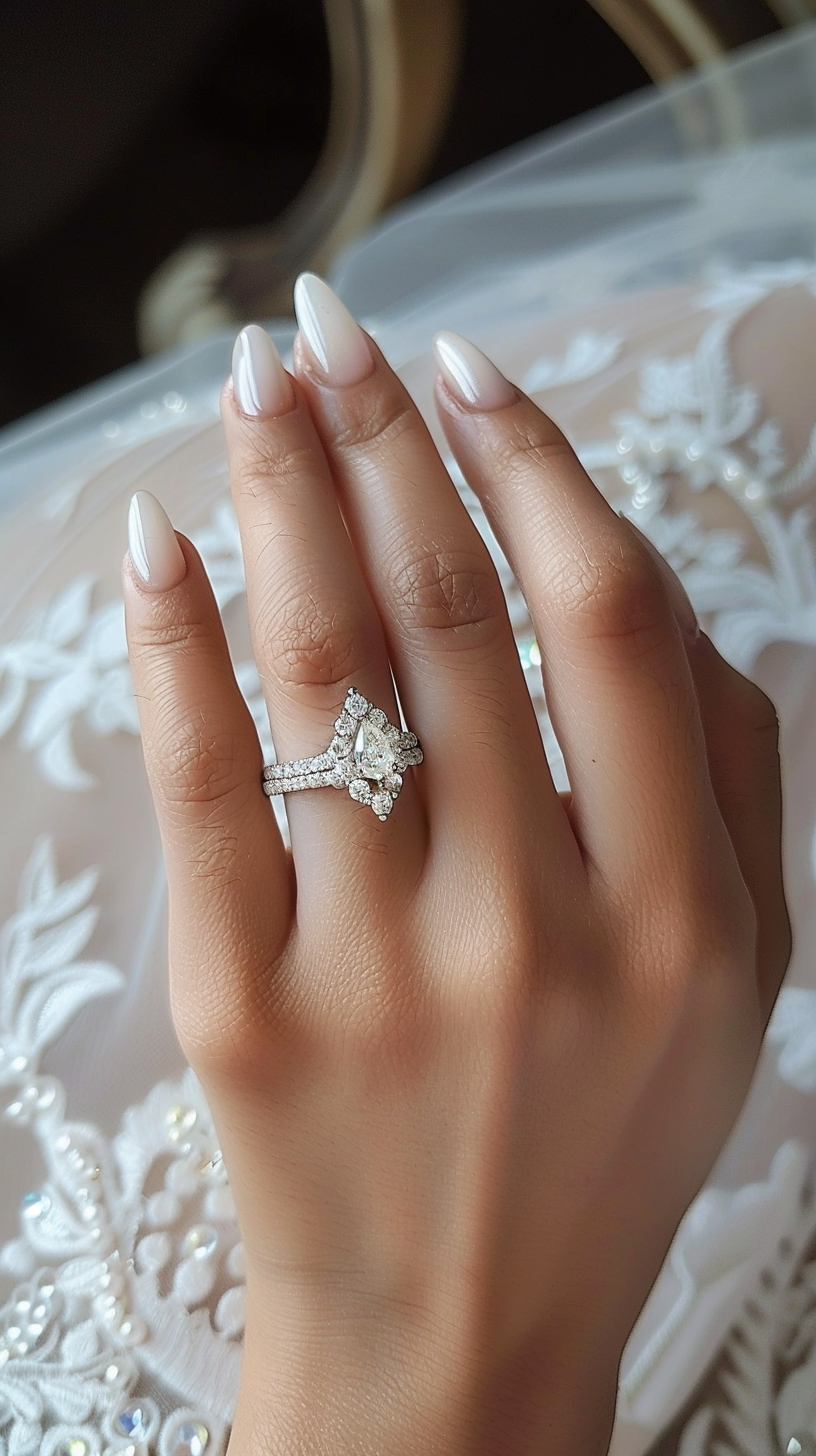 Classic almond nails with a full white color, presenting a timeless and elegant look, enhanced by a stunning diamond engagement ring.