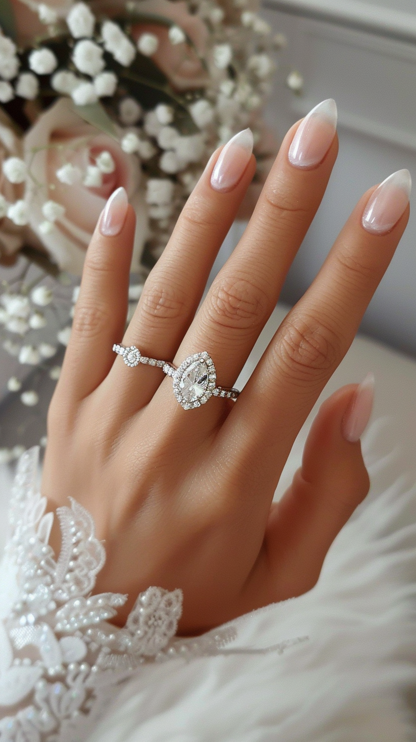 Almond-shaped nails with a soft pink base and white tips, styled in a French manicure, paired with a dazzling halo engagement ring.