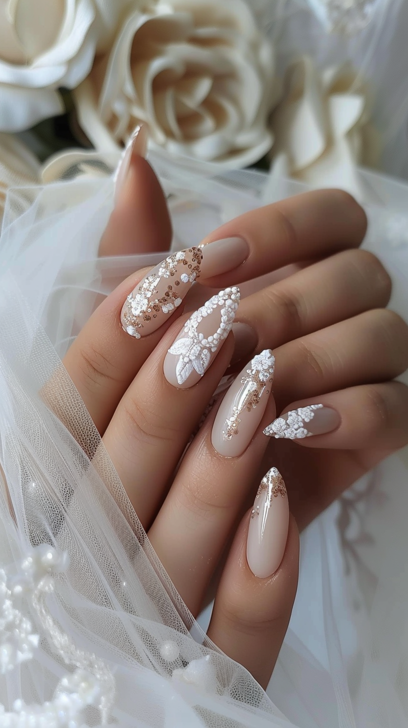 Almond nails featuring a nude base with rose gold glitter and intricate white lace detailing, creating a romantic and bridal aesthetic.