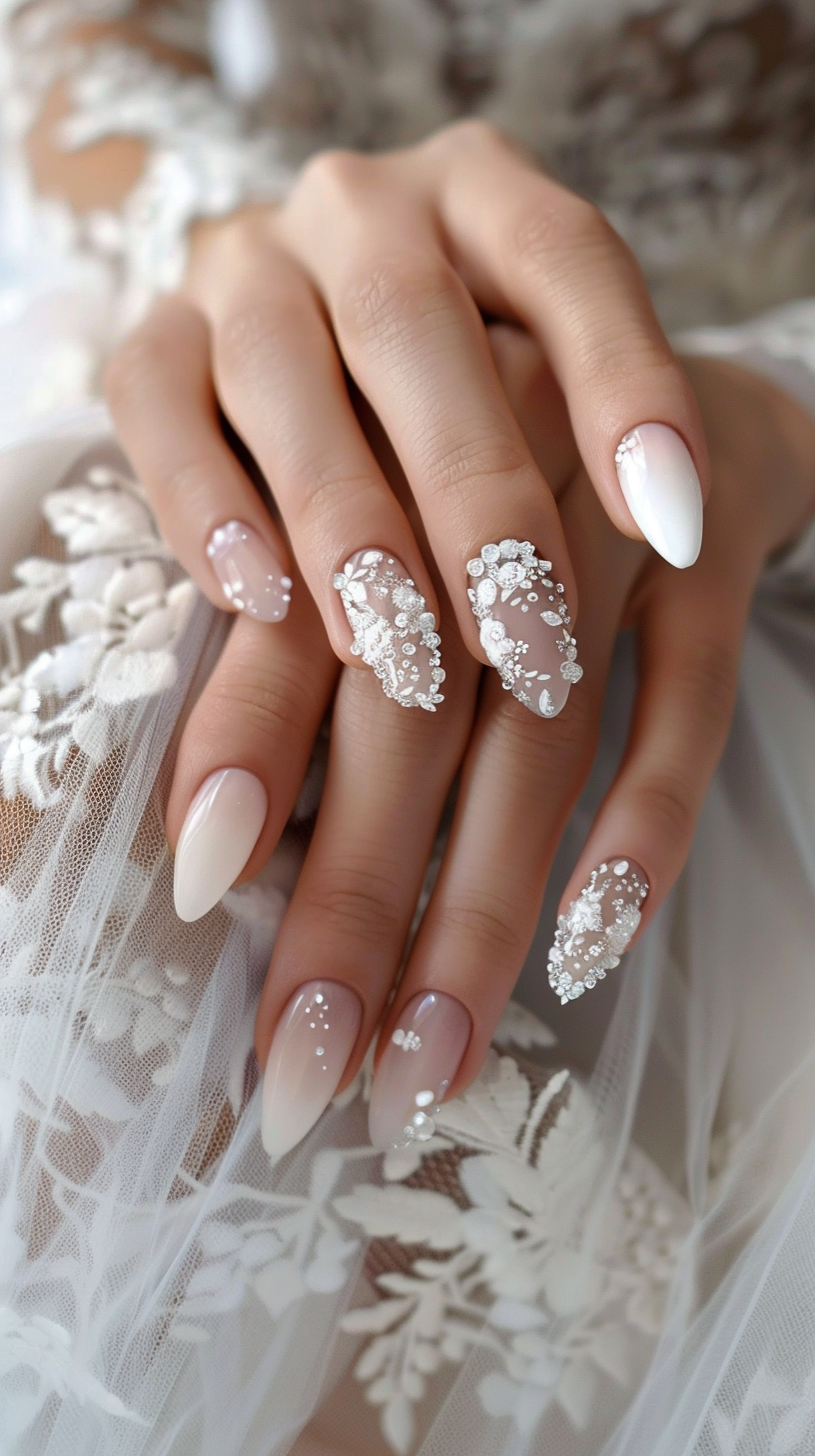 Almond nails with a nude base, some featuring white lace-inspired designs and others with a simple, chic white tip for an elegant bridal style.