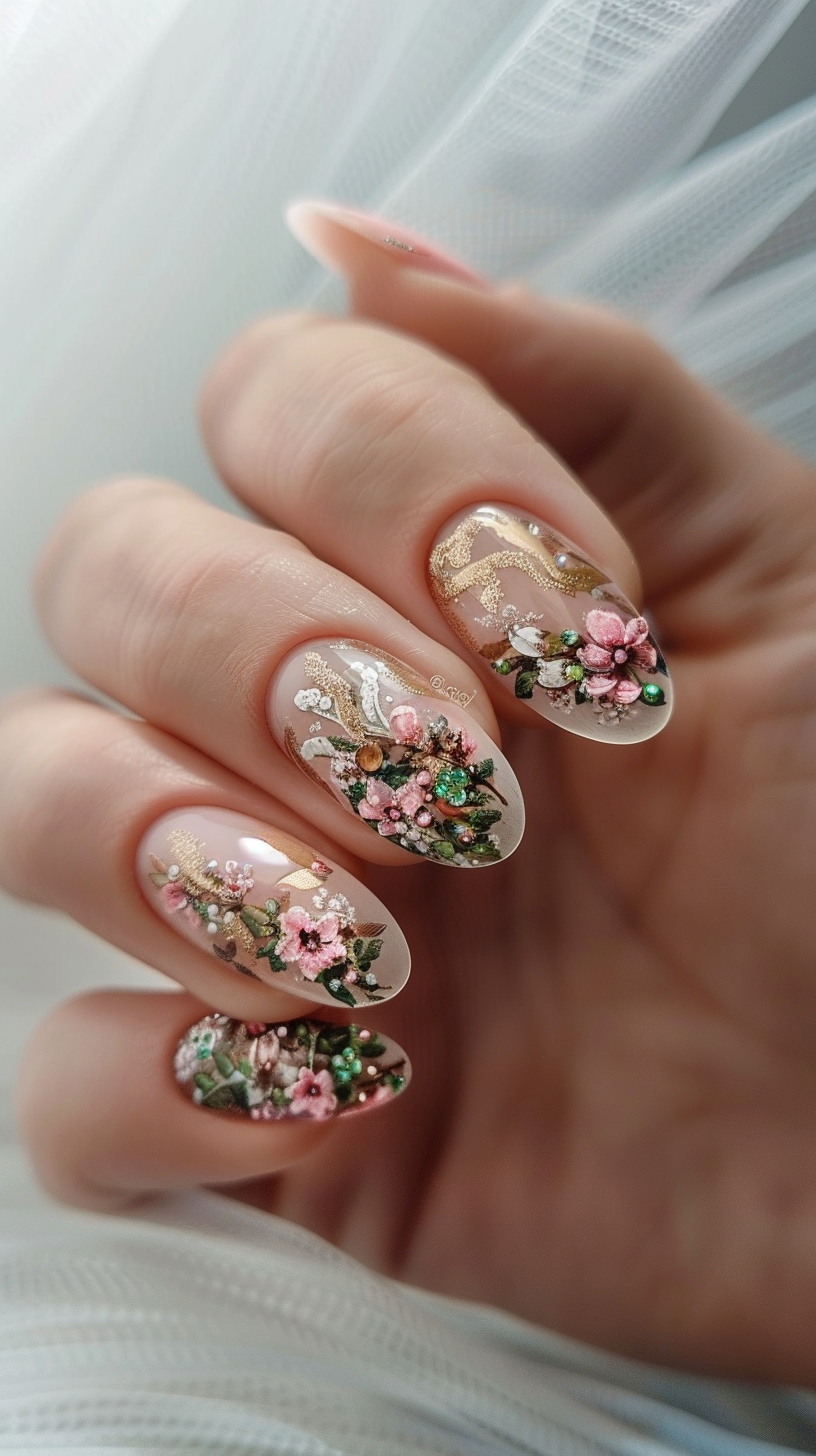 Oval nails with a clear base and intricate floral designs in pink and green, adorned with gold foil and crystal accents for a whimsical bridal look.
