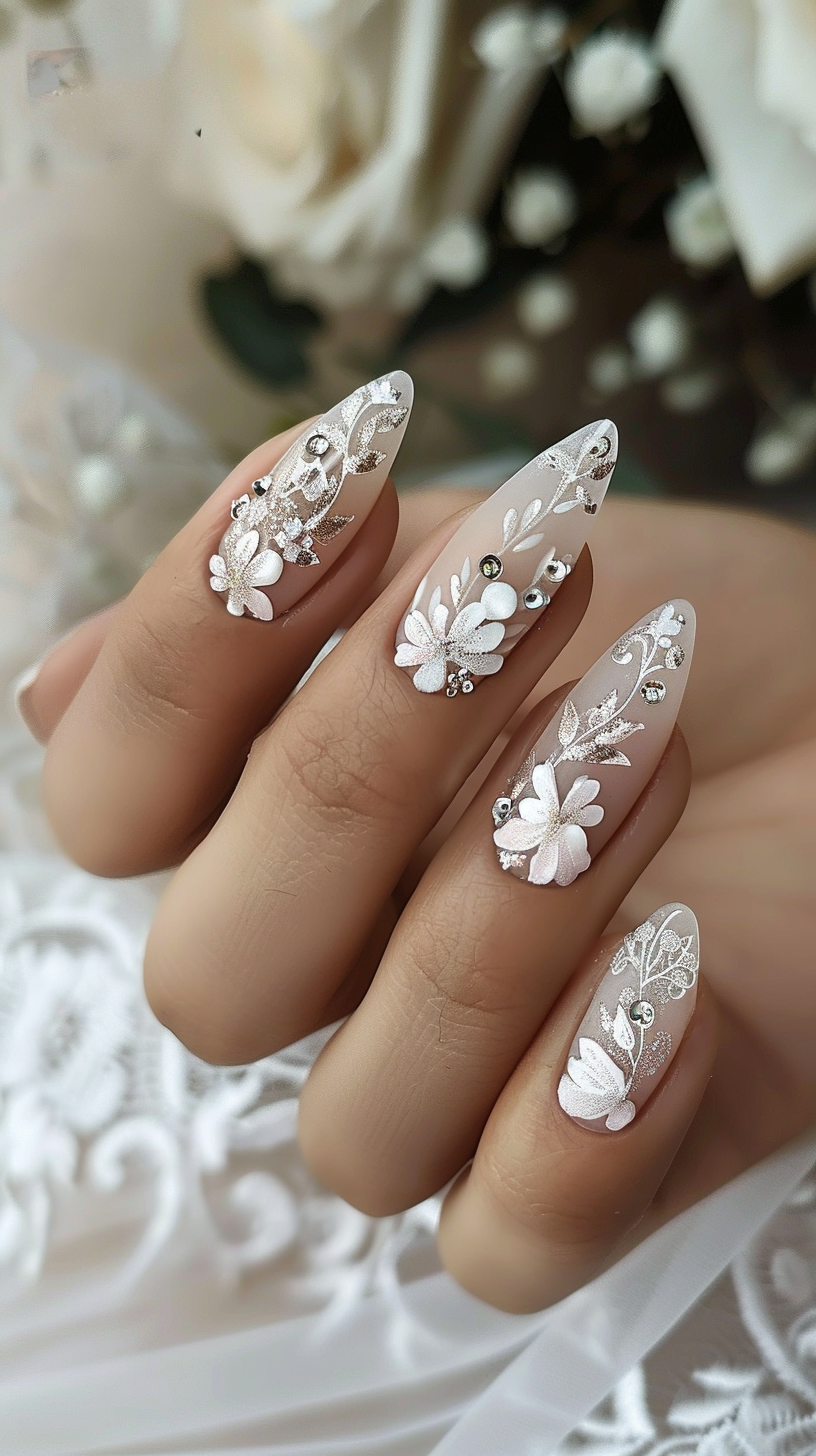 Almond nails with a nude base and white floral lace details, accented with silver glitter and tiny crystals for a delicate bridal aesthetic.
