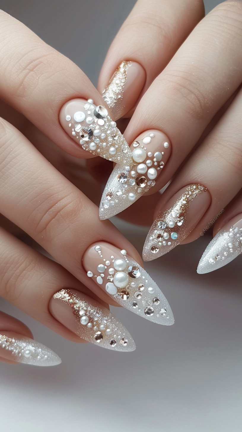 Stiletto nails with a gradient of silver glitter, adorned with white pearls and crystals, offering a sparkling, textured bridal design.
