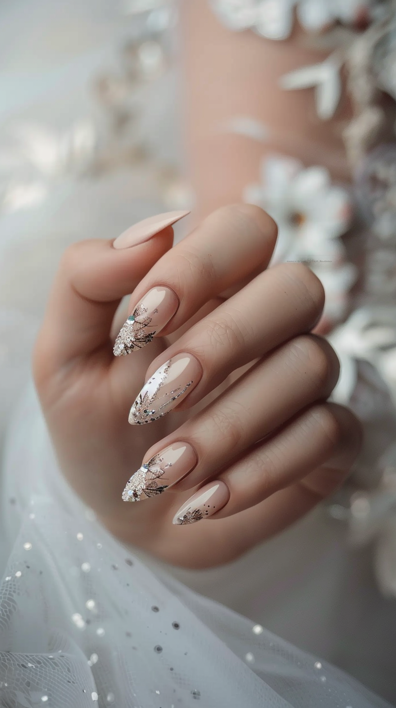 Almond-shaped nails with a soft beige base and delicate silver glitter accents near the tips, complemented by a few crystals for a refined bridal look.