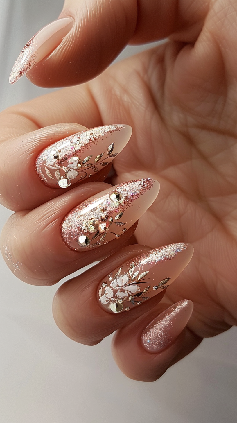 Almond nails with a shimmering rose gold base, detailed with white floral accents and delicate crystal embellishments for a dazzling bridal look.