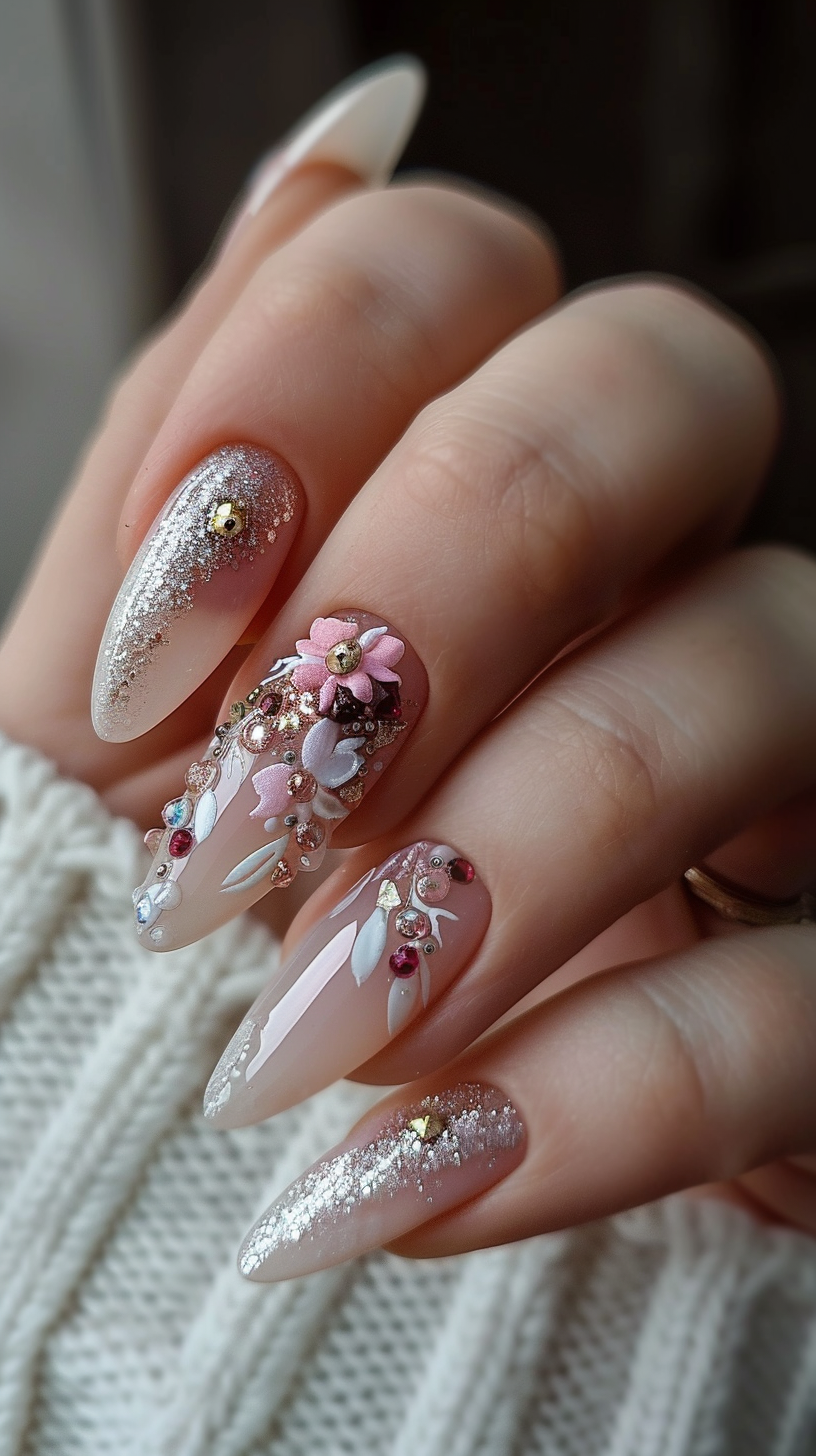 The nails showcase a delicate ombre blend of nude and shimmering silver, adorned with three-dimensional pink floral appliques, tiny gems, and crystals. Each nail is a miniature canvas of artful composition, with the ring finger nails particularly highlighted by the floral cluster and the rest given a sprinkle of sparkle for a balanced yet sophisticated bridal nail design.