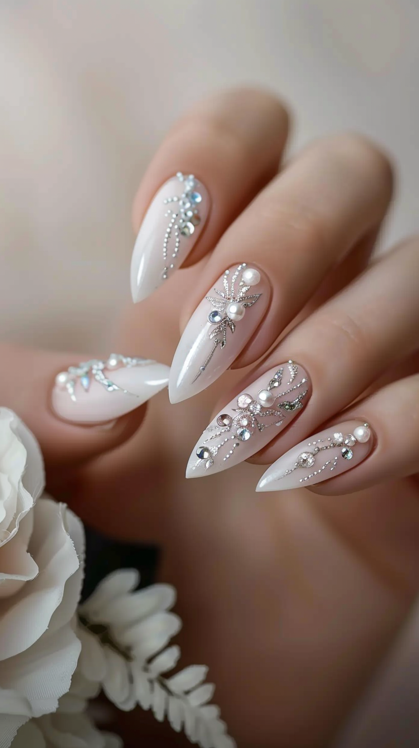 The nails are long, sculpted into a sleek stiletto shape, and painted in a soft, opalescent white. Elegant silver accents trace along the sides and tips, leading to clusters of tiny pearls and crystals that embellish each nail with a refined touch.