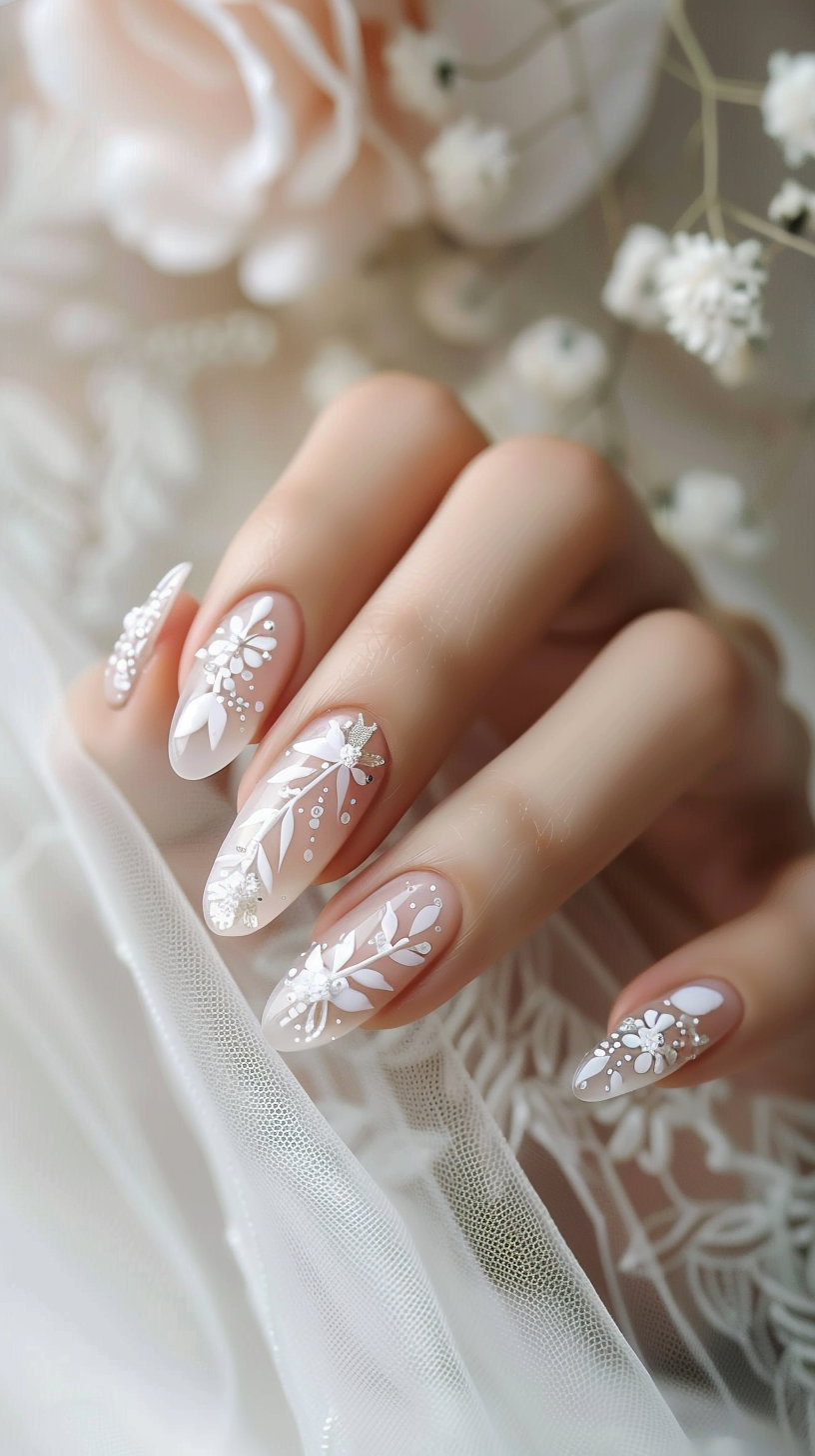These nails are beautifully crafted with a nude base and adorned with white floral lace designs that cascade down each nail, interspersed with delicate dots that resemble tiny pearls. The floral patterns are meticulously placed, adding a touch of elegance and sophistication.