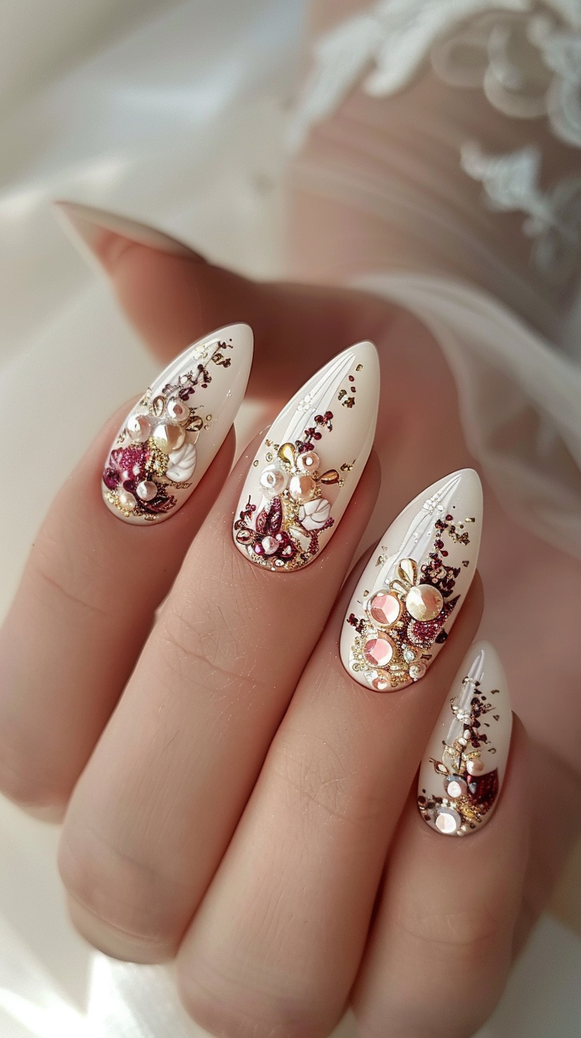 These nails feature a white base with ornate gold glitter and jewel accents, creating a luxurious and intricate design perfect for a bride on her wedding day. The touch of burgundy adds depth and a hint of color.