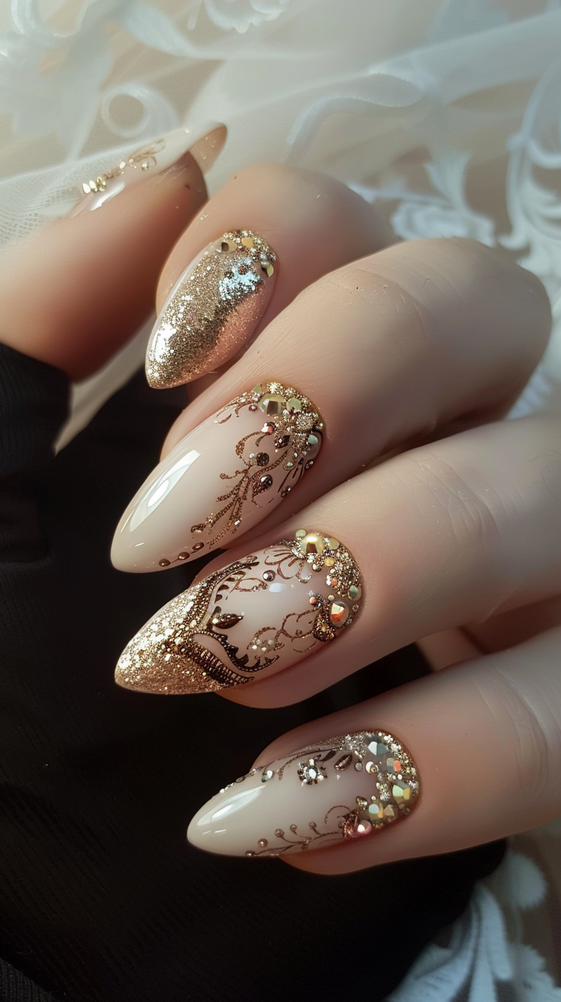 Elegant almond-shaped nails with a blush base, featuring ornate gold glitter accents and delicate filigree designs, adorned with crystals and tiny pearls for a refined bridal aesthetic.