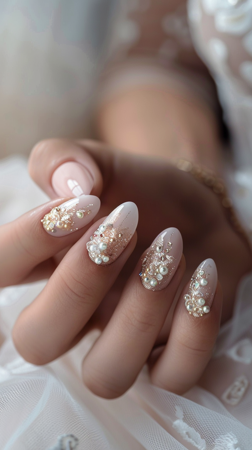 Oval bridal nails featuring a soft nude base with golden glitter gradients, embellished with pearls and tiny crystals, creating a luxurious and romantic look for a wedding day.