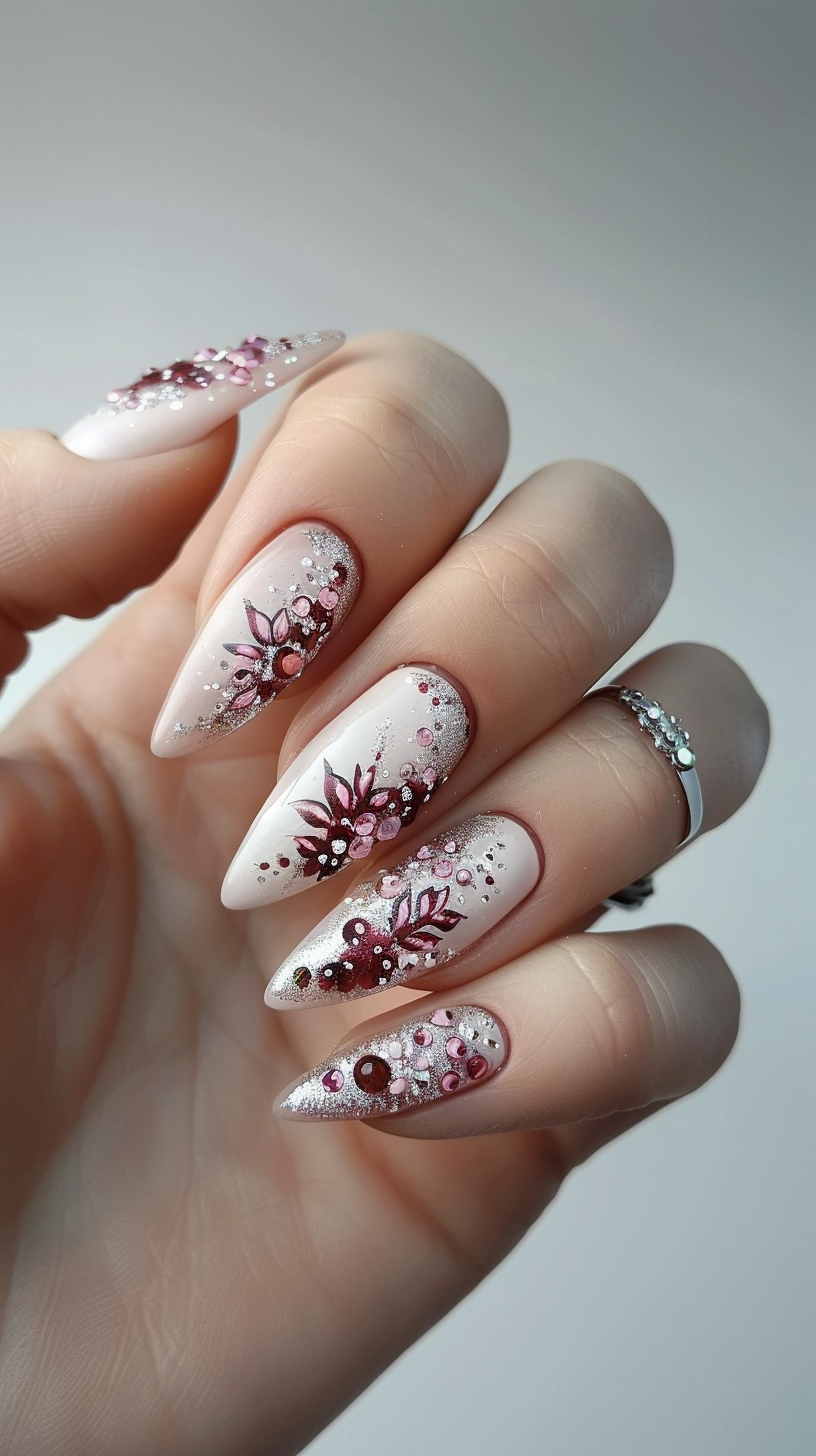 These are almond-shaped bridal nails featuring a sheer base with a gradient of white to pink. Embellished with glitter, dark pink floral designs, and rhinestone accents, they exude a romantic, sophisticated style.