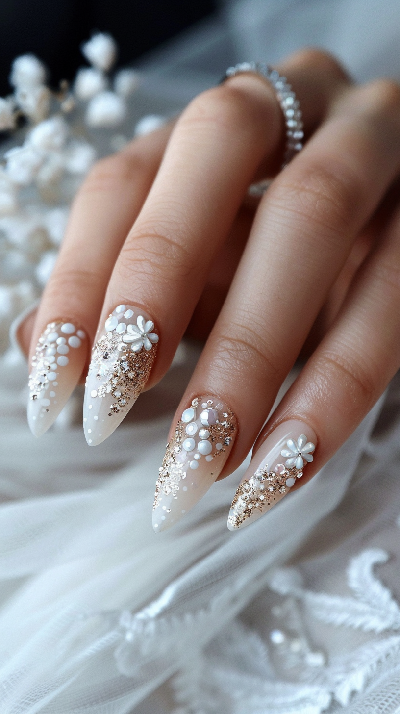 Stiletto nails with a white base, accented by gold glitter, delicate white florals, and pearl details, for a luxurious bridal look.