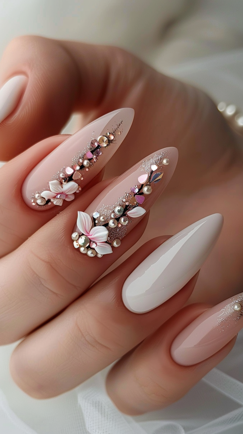 The bridal nails feature a delicate, feminine design with white almond-shaped tips accented by intricate floral appliques and iridescent pearls in soft pink and gold hues, creating an elegant and romantic look befitting a special occasion.