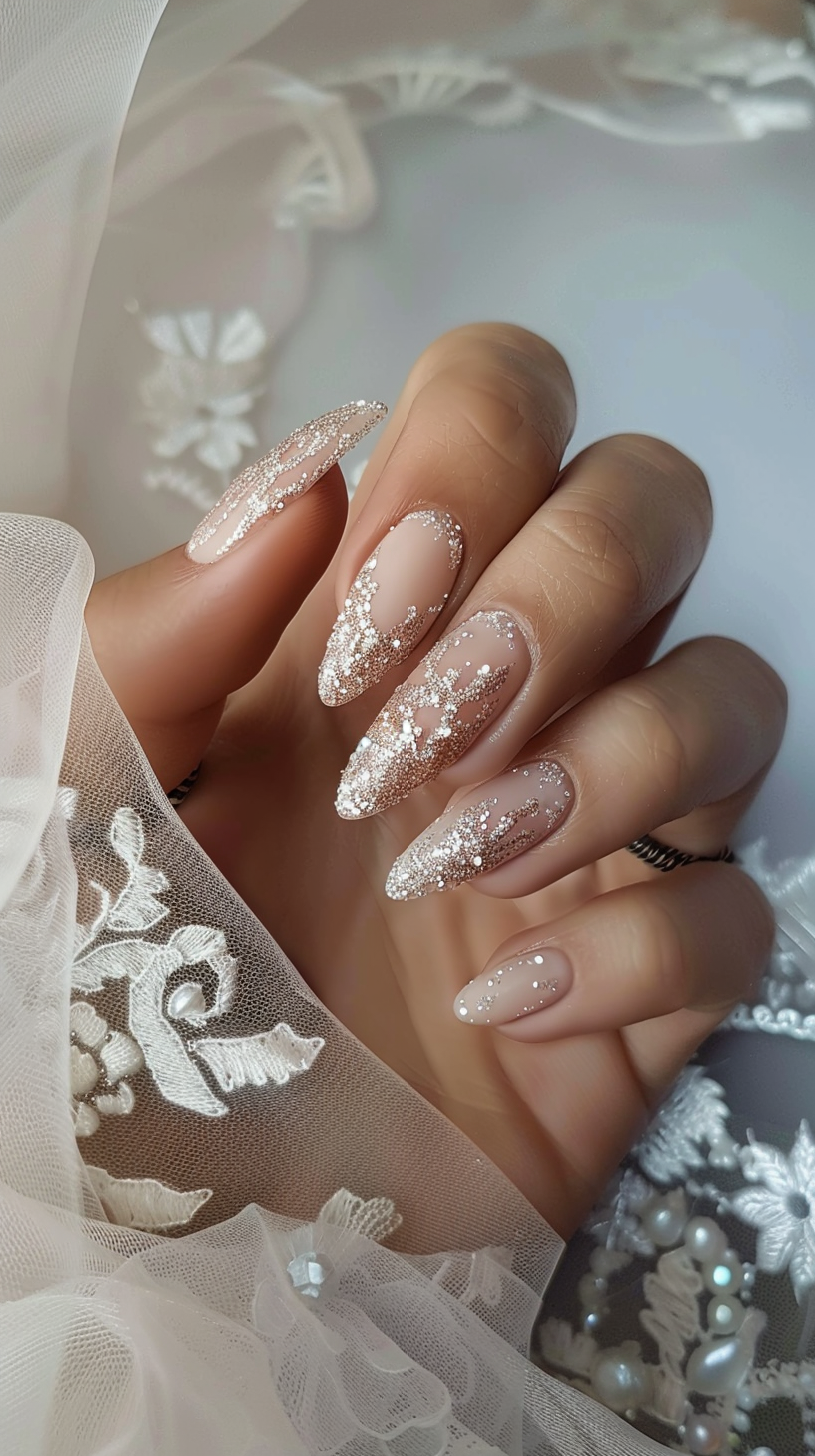 The bridal nails feature a soft nude base with glamorous silver glitter gradually applied from the tips, creating an elegant ombré effect. The almond-shaped nails are adorned with delicate iridescent sequins, adding a touch of sparkle and sophistication to the overall look.