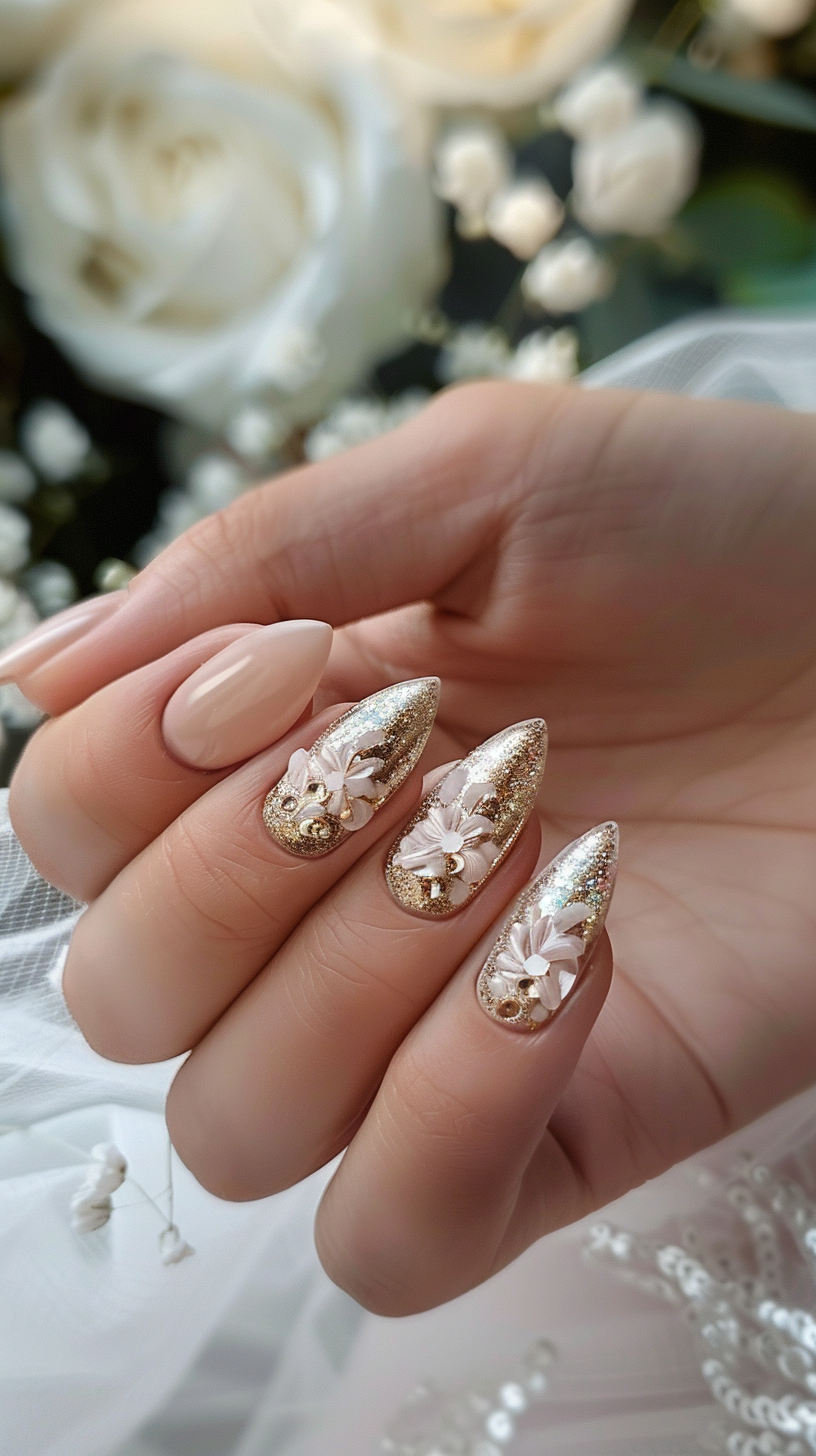 The bridal nail design features elegant almond-shaped nails in a soft nude hue, adorned with exquisite 3D floral appliques in a delicate blush pink shade and embellished with glistening gold accents, creating a romantic and feminine look