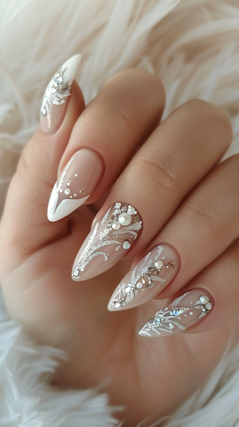 The bridal nails feature elegant white designs accented with shimmering rhinestones and pearls against a natural nude base. The detailed patterns include delicate swirls and floral elements, creating a stunning and sophisticated look perfectly suited for a wedding day.