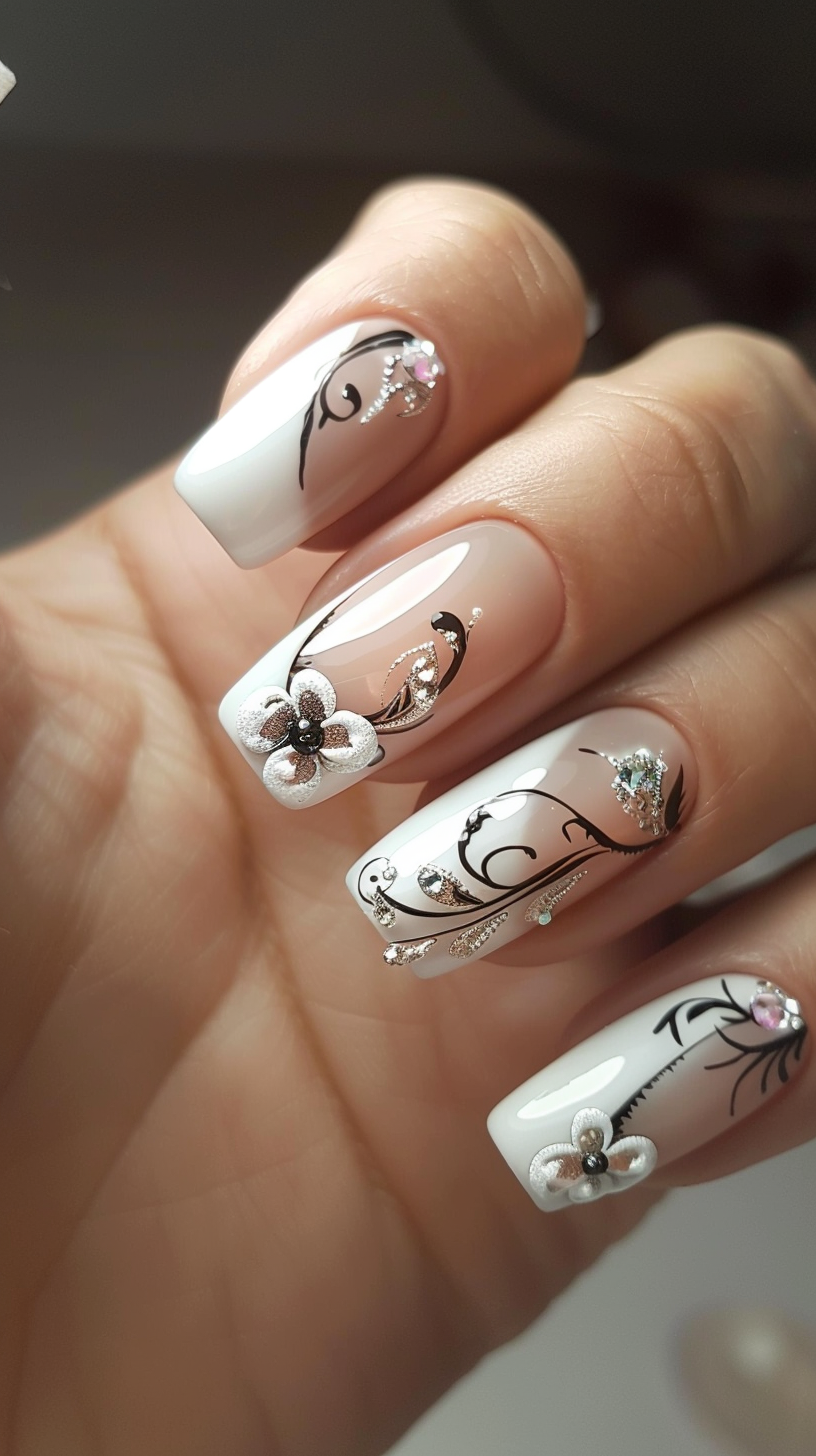 The bridal nails showcase an artistic white and black design featuring delicate floral and vine-like patterns. Shimmering rhinestones and pearls adorn each nail, adding a touch of glamour. The overall look is chic, elegant, and perfectly suited for a sophisticated bride.