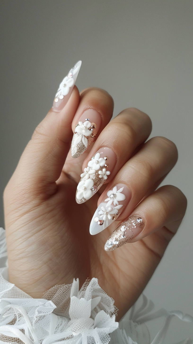 The bridal nails showcase an ethereal white and pale pink design adorned with delicate floral appliques and glistening rhinestones. The almond-shaped nails provide an elegant canvas for the intricate 3D floral elements and sparkling accents, creating a romantic and dreamy aesthetic perfect for a fairy-tale inspired wedding look.