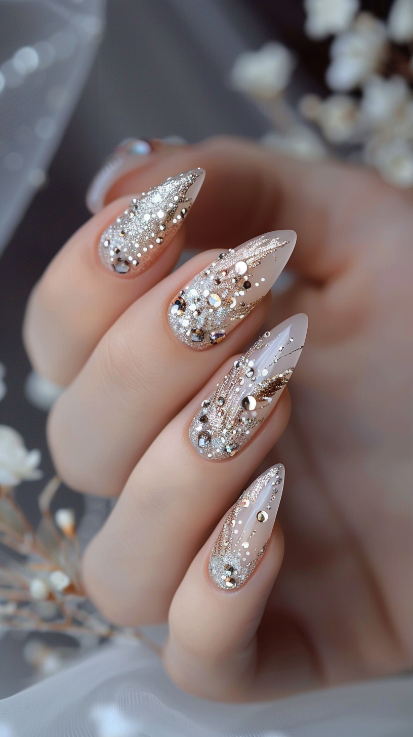Almond-shaped nails with a nude base, featuring a heavy silver and gold glitter gradient and sporadic crystal embellishments for a sparkling finish.