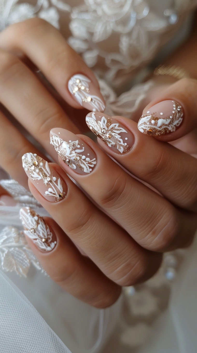 The oval-shaped nails feature intricate white floral designs and glittering gold accents against a sheer pink base. The delicate, lacy patterns create an ethereal and romantic look, perfect for a bride wanting nails that are equal parts subtle, stylish and eye-catching on her special day.
