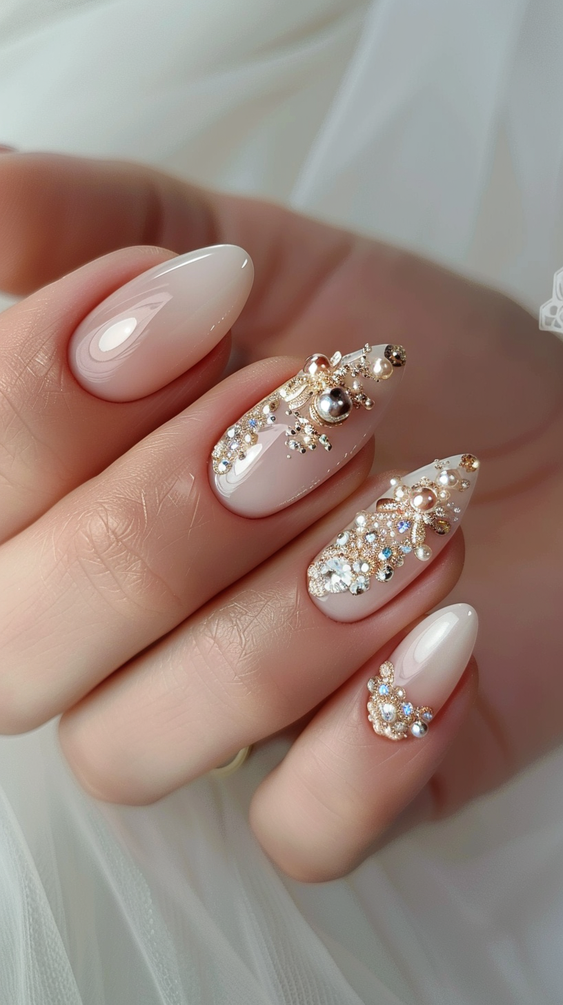 The image showcases long, oval-shaped nails in a glossy nude shade, elaborately embellished with gold and silver beads, pearls, and crystals. The ornate, bejeweled design creates a glamorous and opulent look that would make a stunning statement for a bride on her wedding day.