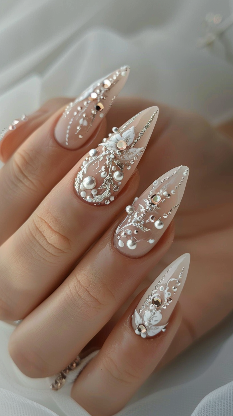 The image showcases long, stiletto-shaped nails adorned with an extravagant array of pearls, crystals, and intricate silver embellishments. The lavish, 3D design creates a dramatic and regal look fit for a queen on her wedding day, merging classic bridal elegance with bold, eye-catching glamour.