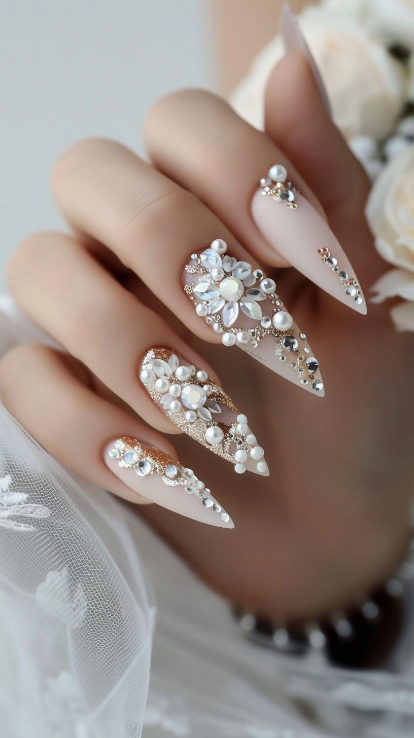 The pointed nails feature an exquisite design of white pearls and crystals meticulously arranged in floral clusters and crescent shapes against a bare nail. The artful, 3D embellishments create a look of understated glamour and sophisticated bridal elegance.
