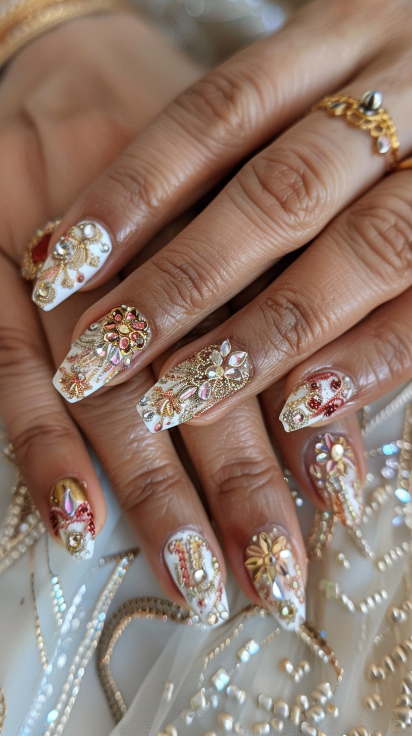 The nails feature a sheer nude base adorned with an array of dazzling embellishments - crystals, pearls, metallic swirls, and delicate floral motifs in warm tones of gold, burgundy, and blush pink.