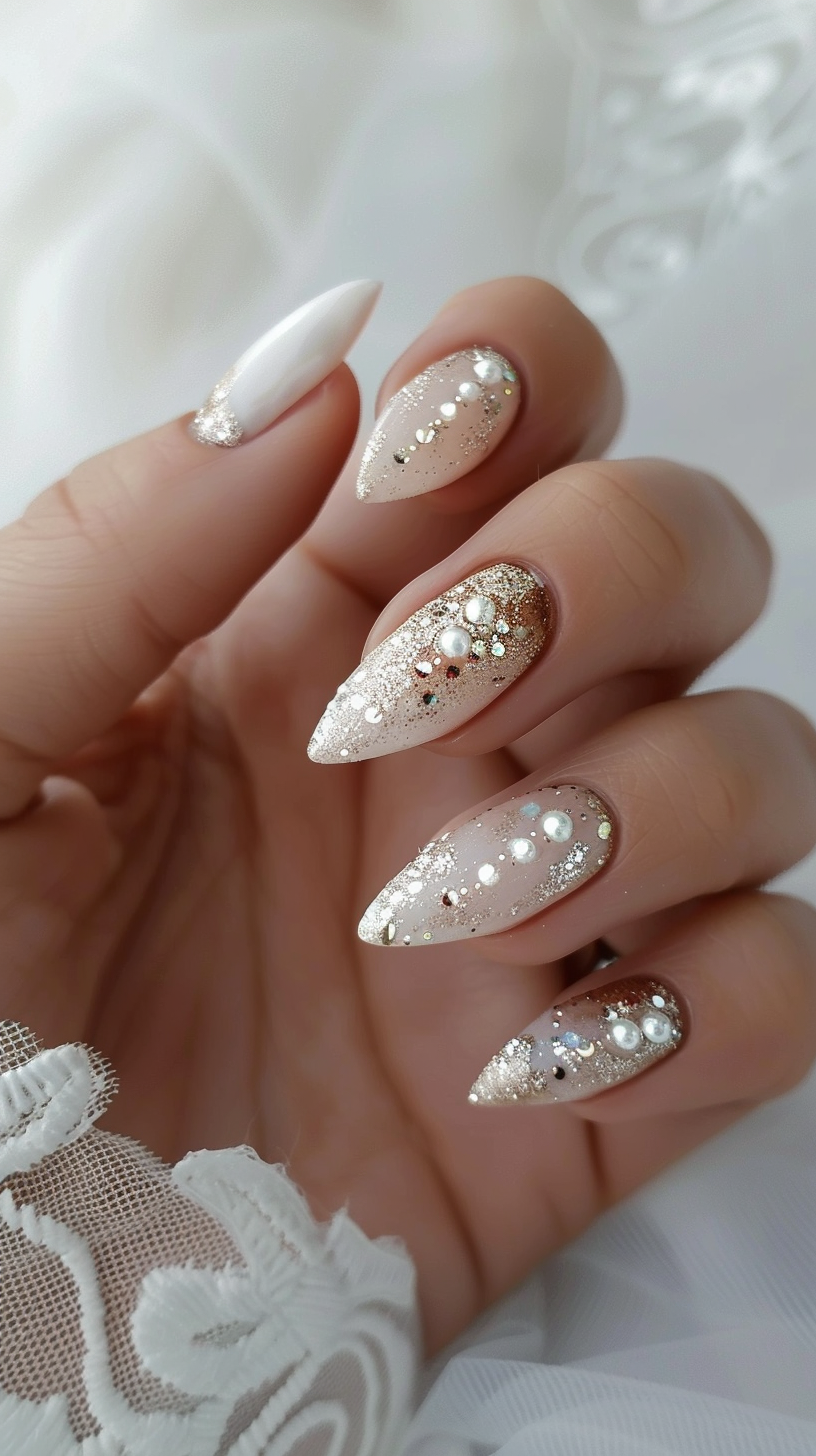 The nails feature a soft nude base adorned with delicate white pearl accents and shimmering silver glitter details. The designs range from scattered pearls and glitter on some nails to more concentrated clusters on others, creating a romantic and eye-catching look.