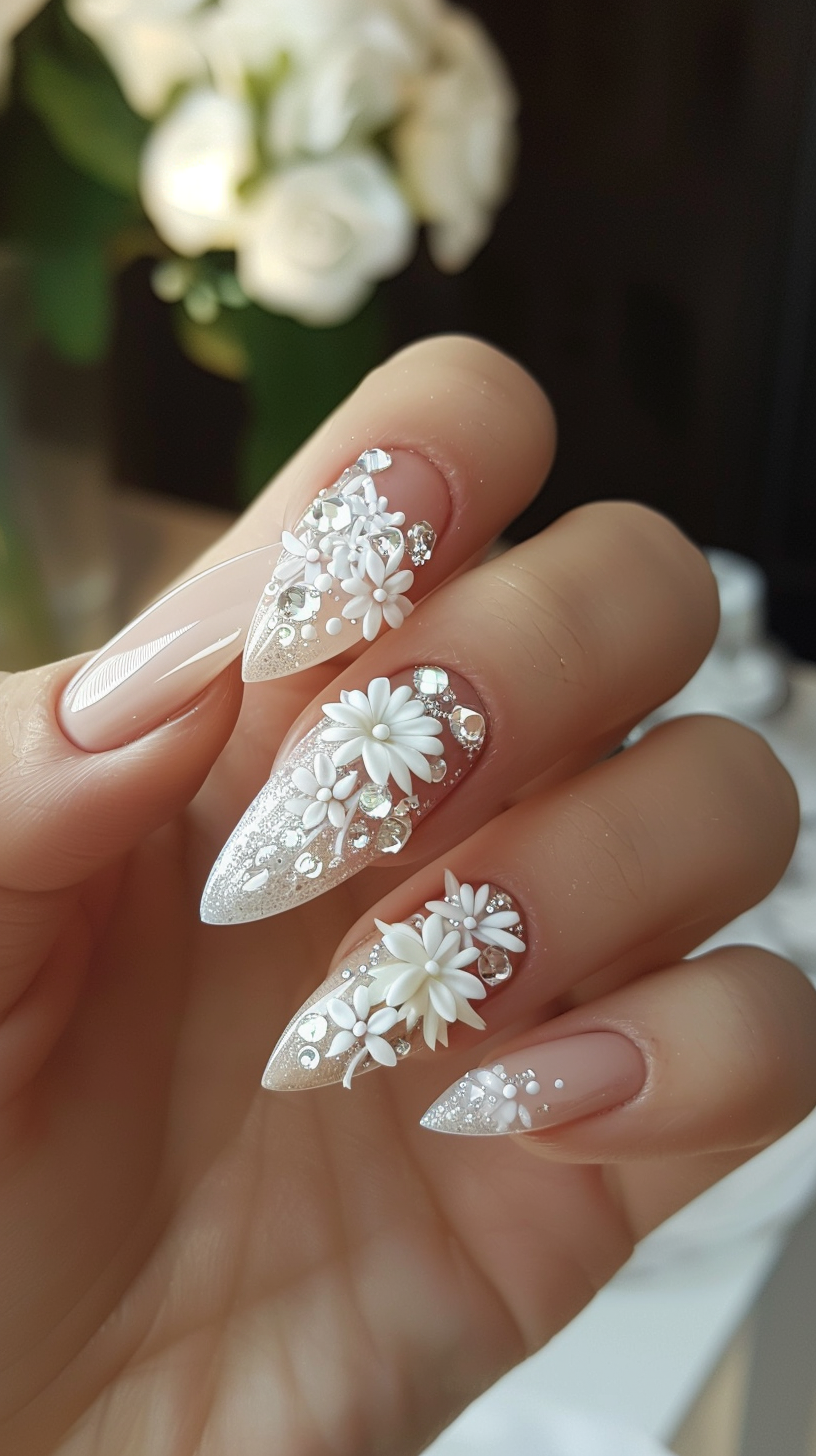 Almond nails with a clear base, adorned with silver glitter, white 3D flowers, and small crystals, creating an elegant bridal design.