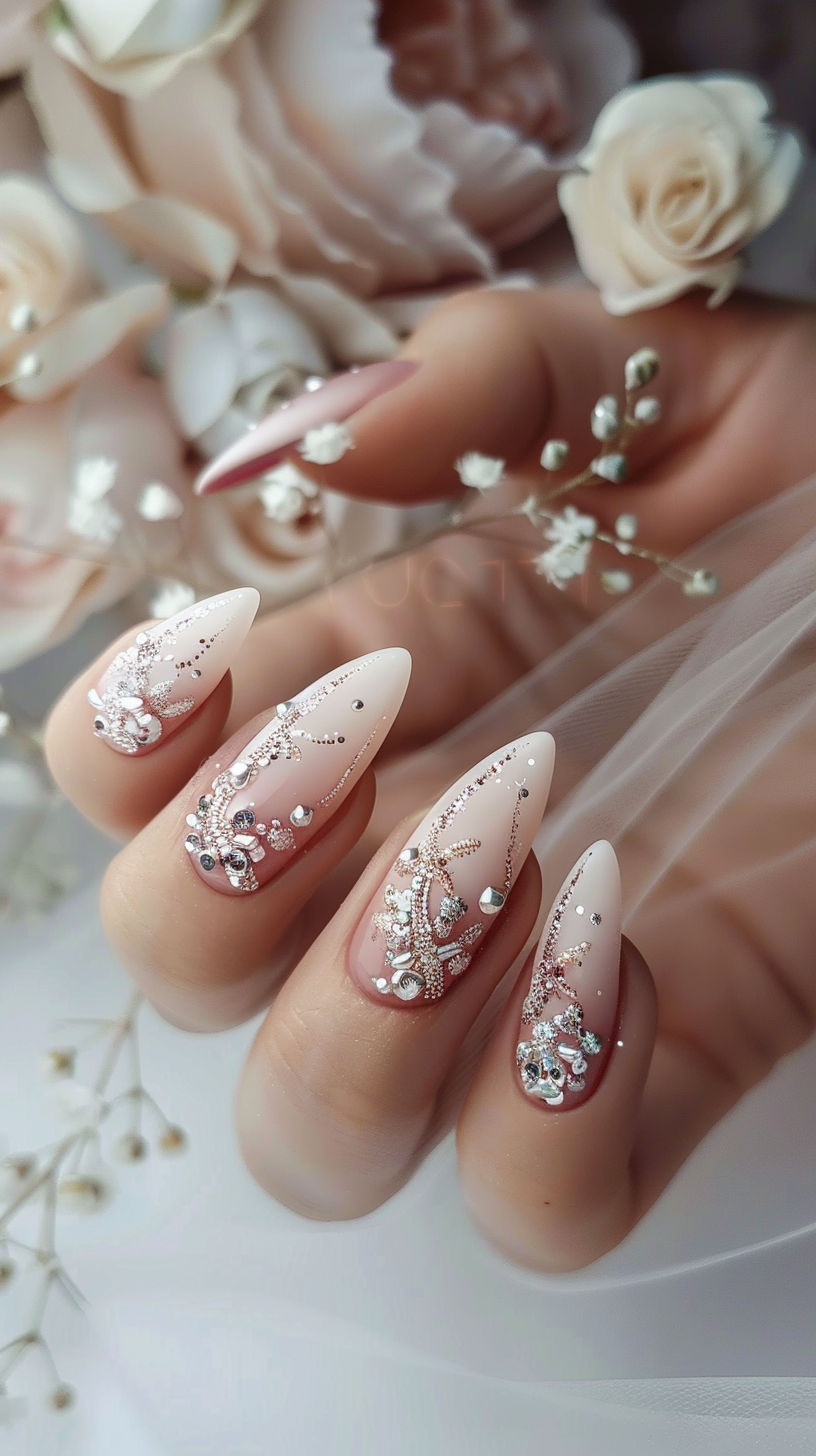 This bridal nail design exudes elegance with shimmering crystals and pearls adorning nude-toned nails in intricate, nature-inspired patterns. The delicate floral and starfish motifs crafted from rhinestones and gemstones create a whimsical, romantic look befitting a radiant bride.
