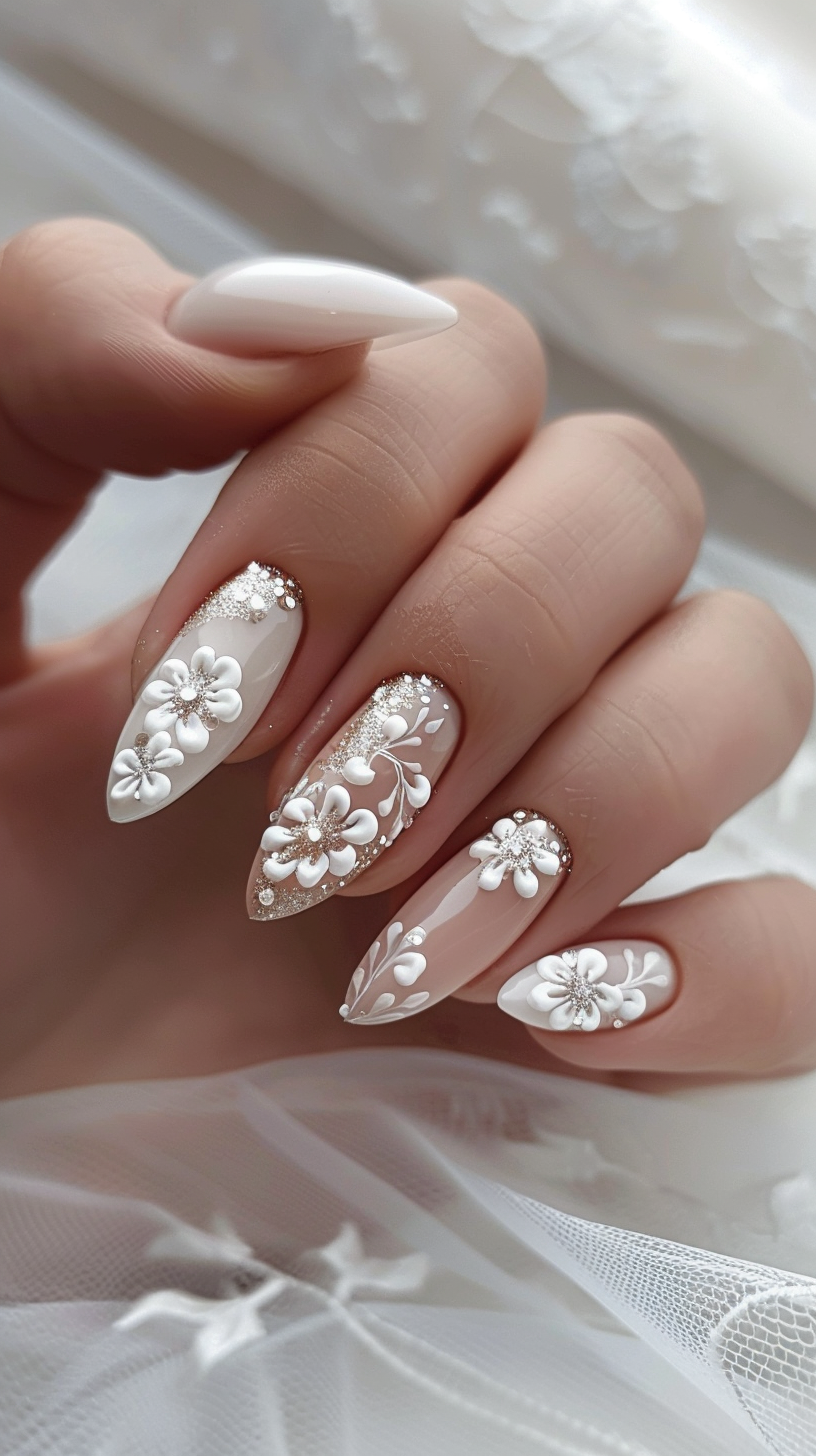 The elongated nails feature a sheer nude base adorned with intricate white 3D flowers and swirling vines made from sculpted acrylic or gel. Shimmering rhinestones add a touch of sparkle, accentuating the floral motifs.