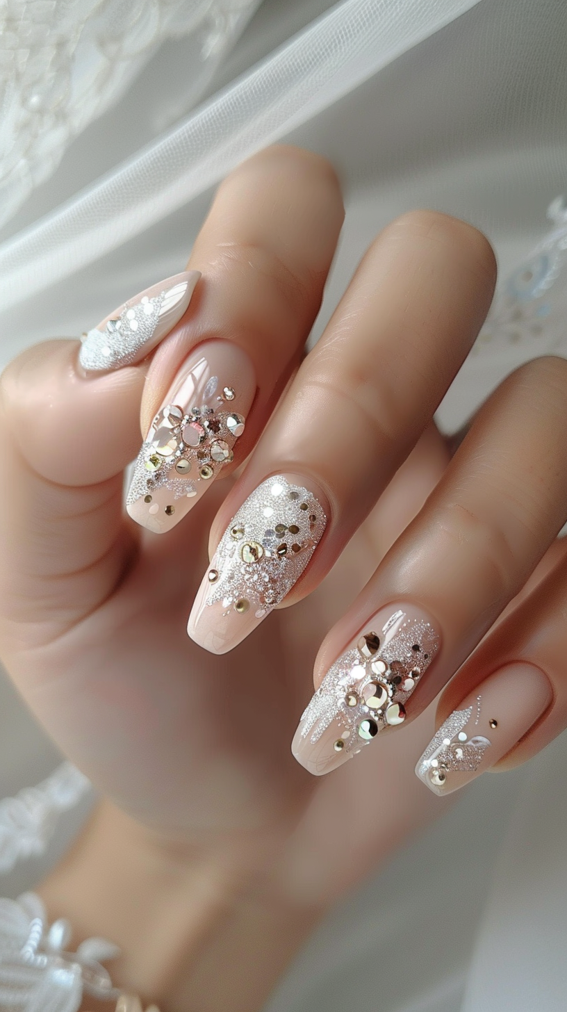 The nails feature a nude base with metallic silver accents on the tips. The true showstopper is the intricate arrangement of crystals, pearls, and gemstones cascading across the nails in an asymmetrical pattern.
